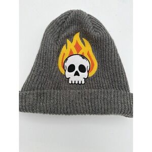 Neff Gray Knit Beanie Skull Flame Patch Winter Hat Acrylic One Size.   3884